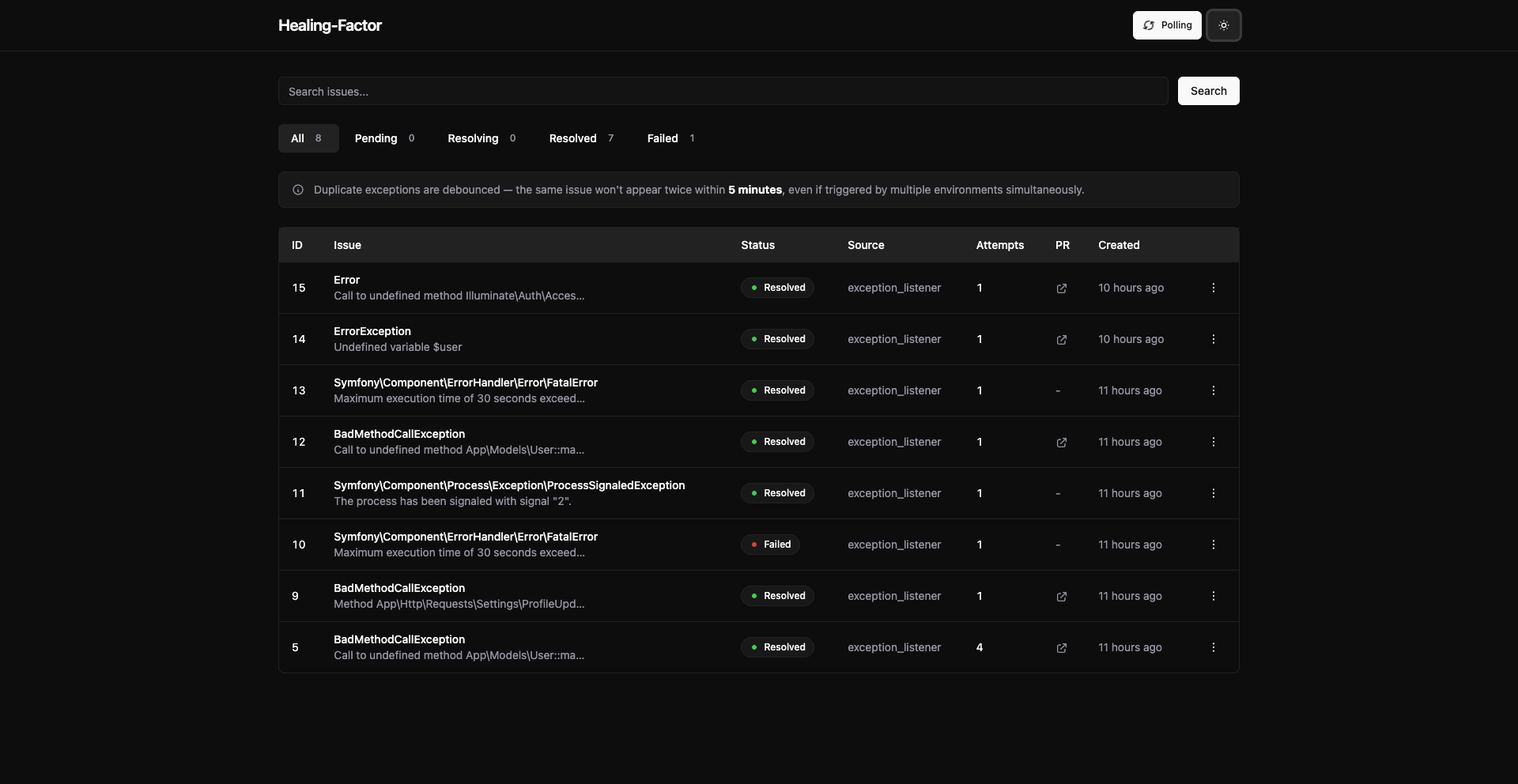 Healing-Factor dashboard showing a list of resolved issues with status, source, attempts, and PR links